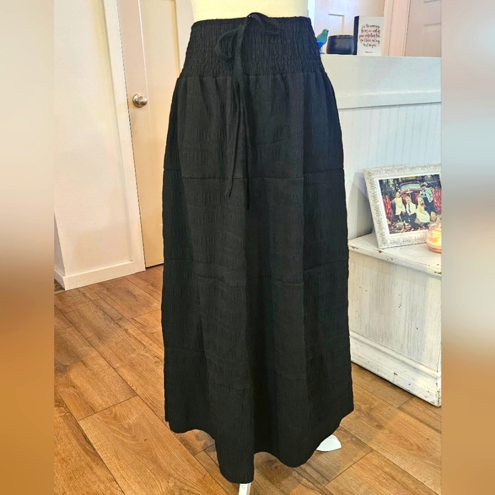 NWT's - OVER THE MOON - Black Gauze Maxi Skirt - Cinched Elastic Waist
